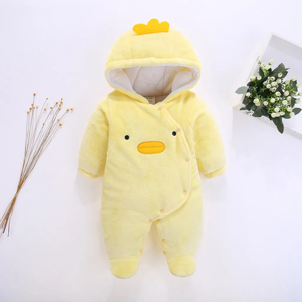 

Newborn solid color small yellow duck jumpsuit baby boy long sleeve cartoon fleece hooded hooded jumpsuit winterjas meisje 4*