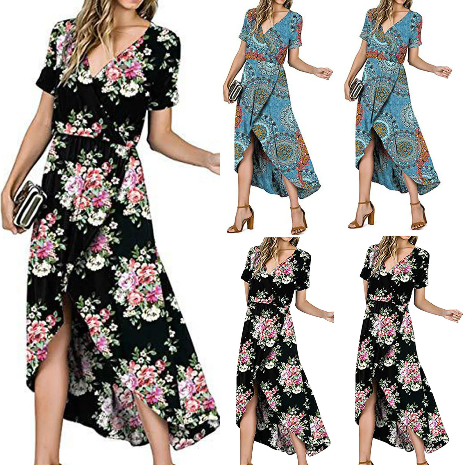 Ladies Summer Dress Print Short-sleeved V-neck Split Wwaist Sexy Slim Dress Maxi Dresses For Women Sukienka Boho Vestidos 1