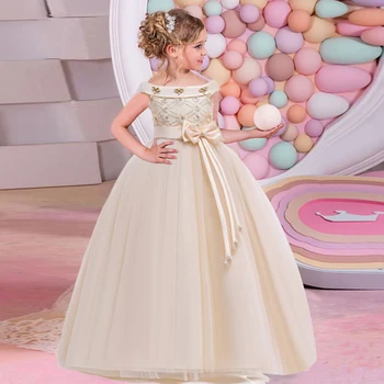 

2020 Summer White One Shoulder Long Bridesmaid Dress Girl Bow Gown Kids Dresses For Girls Children Princess Party Wedding Dress