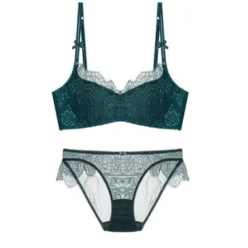 

Ladies Sexy Lingerie Thin Lace Eyelashes Push Up Half Cup Solid Color Gathered Bra + Women Underwear Set New HOT