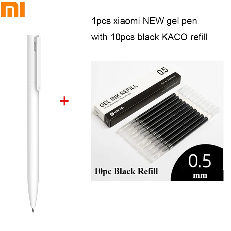 1gel pen and 10black Новые гелевые ручки Xiaomi Mijia, 10 шт., без колпачка, 0,5 мм, цилиндрическая ручка PREMEC, гладкая швейцарская заправка MiKuni, японские чернила, черные+ 10 шт., KACO Refil - Цвет: 1gel pen and 10black