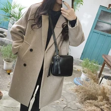 Корейский стиль, женское длинное пальто, однотонное бежевое черное пальто, Женское пальто с отложным воротником и длинным рукавом, осенне-зимнее теплое пальто для женщин