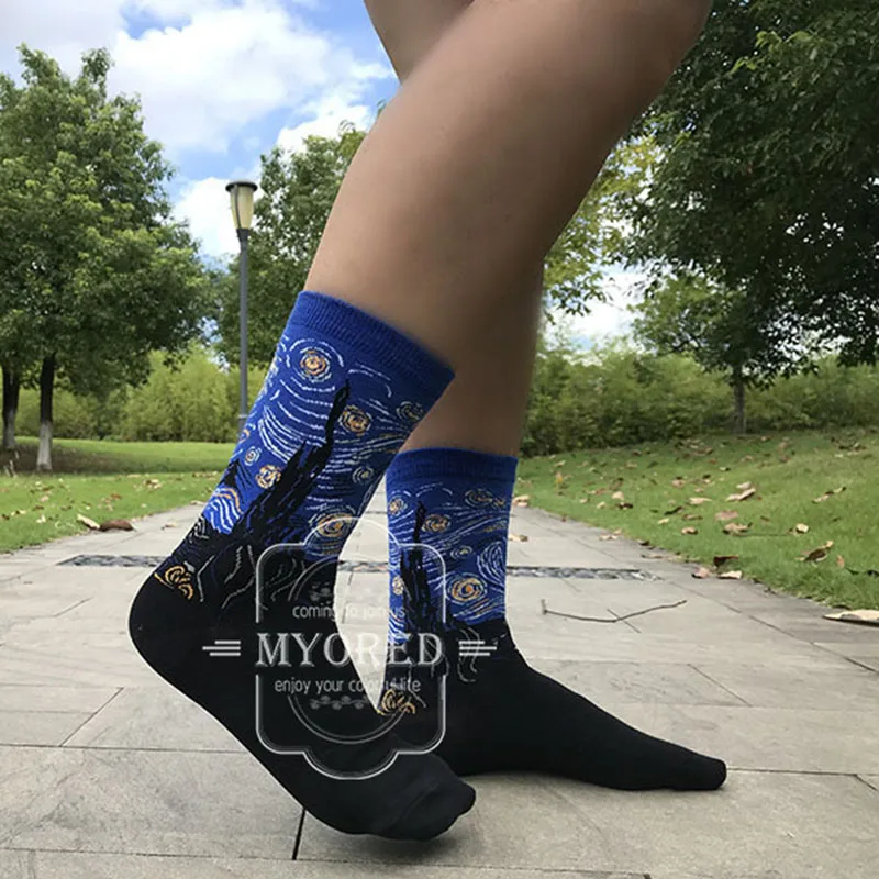MYORED, 1 пара, прямые поставки, мужские и женские носки, хлопковые, звездная ночь, искусство, всемирно известный Рисунок маслом, носки унисекс, забавные, новинка, носки