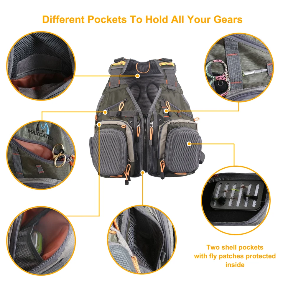 Maxcatch Lot de gilet de pêche à la mouche pour hommes et femmes réglable pour l'extérieur (gilet/sac de bandoulière/sac à dos), Traditionnel