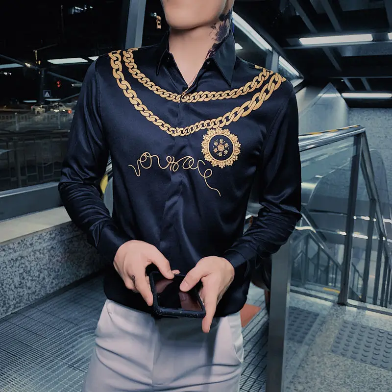 Gold Print Luxury Men Shirt Casual Slim Fit Long Sleeve Male Dress Shirts Club Work Vintage Tuxedo Shirt Camisa Social Masculina