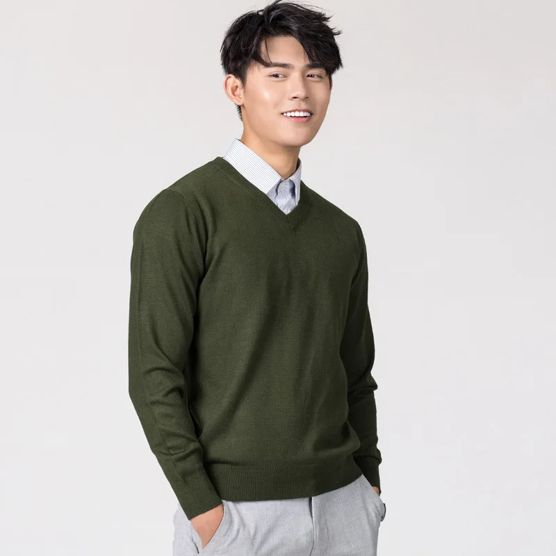 

2018 Autumn And Winter New Style Men's Woollen Sweater V-neck Long-sleeved Pullover Solid Color Base Knitted Business Casual Eur