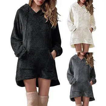 

New Women Long Sleeve Sweater Dress Women's Hem Casual Autumn Winter Dress Women Short Mini Dresses Fleece Loose Hoodies Hooded