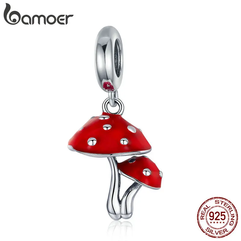 

BAMOER New Collection 925 Sterling Silver Mushroom Red Enamel Pendant Charms Fit Bracelets & Necklaces Silver Jewelry SCC1060