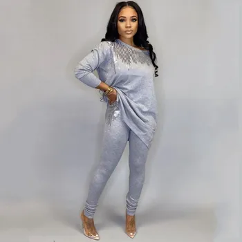 

2 Piece Set 2020 Spring Women Casual Sequined Clubwear O-Neck Long Sleeve T-Shirt+Pencil Panst Outfits Female Daily Party Suit