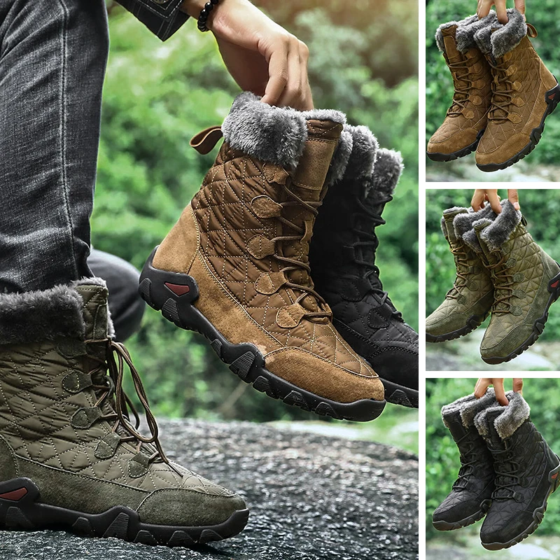 

Men Winter Warm Fur Plush Suede Leather & Waterproof Fabric Ankle Snow Boots Male High Top Anti Slip Rubber Work Safety Shoes