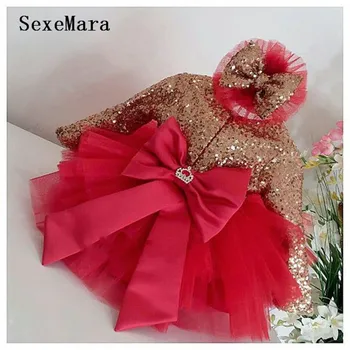 

Glitter gold sequins red tulle infant long sleeve dress with bow girl cute prom gown baby 1st birthday party tutu outfits