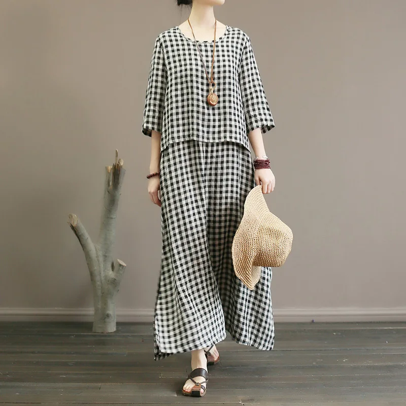 Retro literature and art fake two plaid dresses in spring and summer, loose sleeves, long linen skirts over knees, hemp skirts Retro literature and art fake two plaid dresses in spring and summer, loose sleeves, long linen skirts over knees, hemp skirts