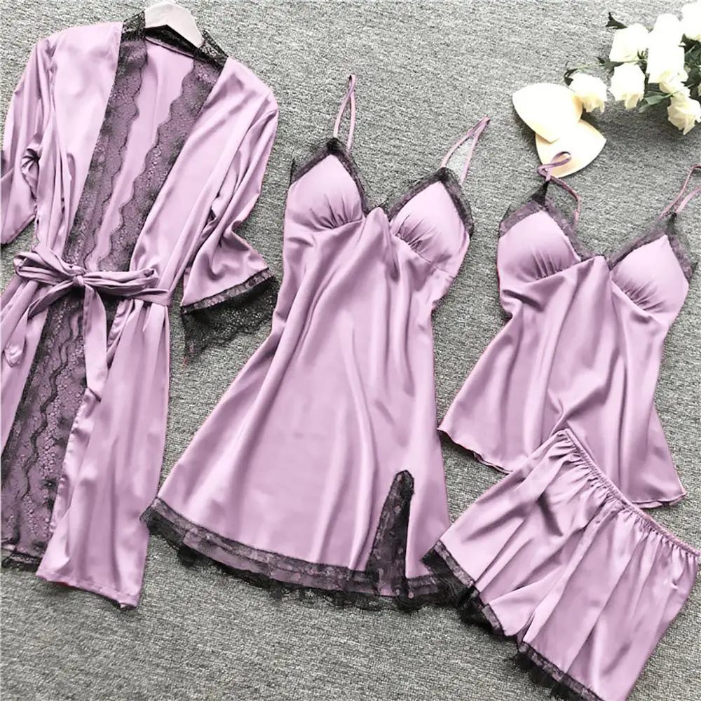 Сексуальный женский халат и платье, комплекты, кружевной Халат+ ночная сорочка, 4 штуки, пижама, Женский комплект для сна, искусственный шелк, женское белье - Цвет: Фиолетовый