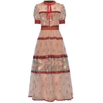 

Red RoosaRosee Designer Women Dress Puff Short Sleeve Mesh Perspective Heavy Embroidery Flower Retro Mesh Dresses 2020 Summer