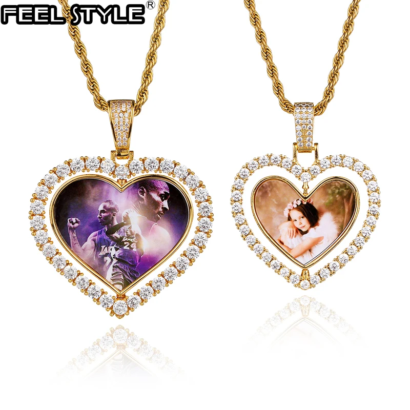 Hip Hop Custom Made Photo Heart Rotating Double-sided Iced Out Bling Cubic Zircon Necklace&Pendant For Men Jewelry Large Small new rotating aluminum alloy ring box high quality luxury jewelry storage box packaging gift propose marriage box