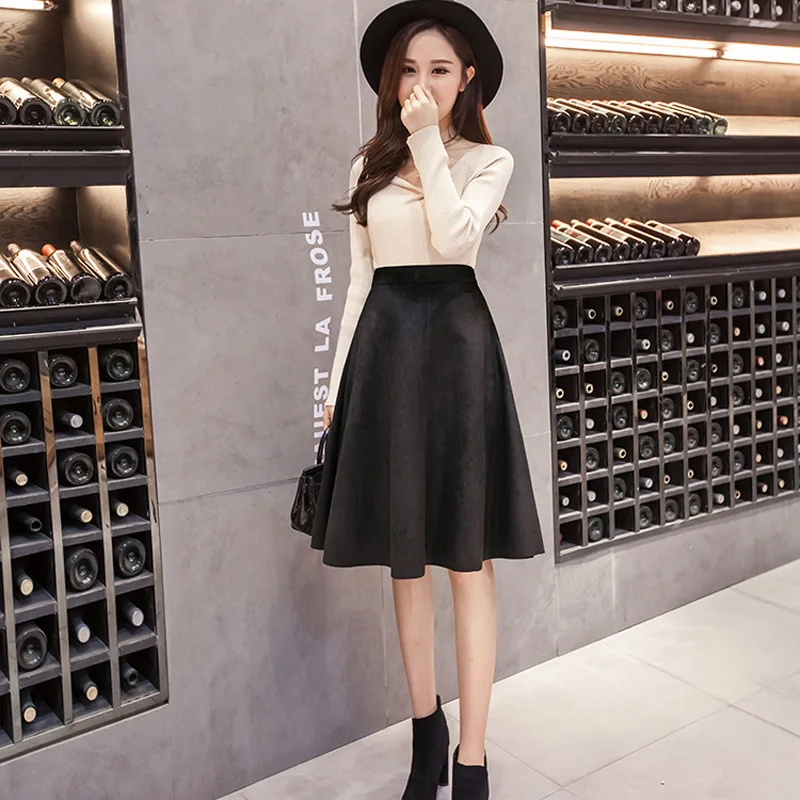 Solid Color Suede Skirts Womens Autumn Winter Waist High Elastic A-line Empire Knee Length Midi Skirt Big Swing Black Grey