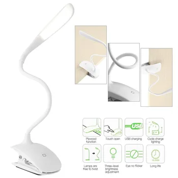 

Adjustable Bended White LED Desk Lamps with Clamp Clip ABS Rechargeable USB Energy Saving Touch Switch Table Lamps