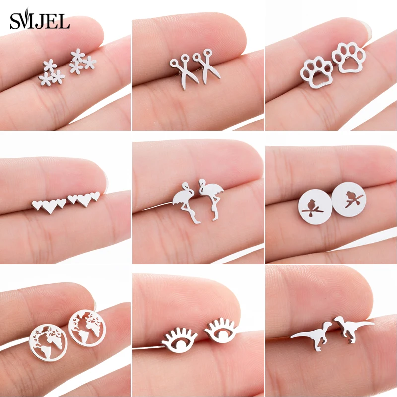 Stud-Earrings Jewelry Flower Stainless-Steel Heart Women Fashion SMJEL for Girls Bird