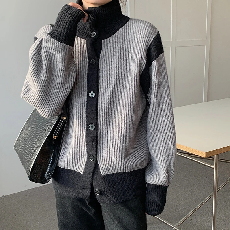 

Hirsionsan Stripe Patchwork Cashmere Sweaters Women 2023 New Winter Loose Ladies Cardigan Warm Single-breasted Knitwear Jumper