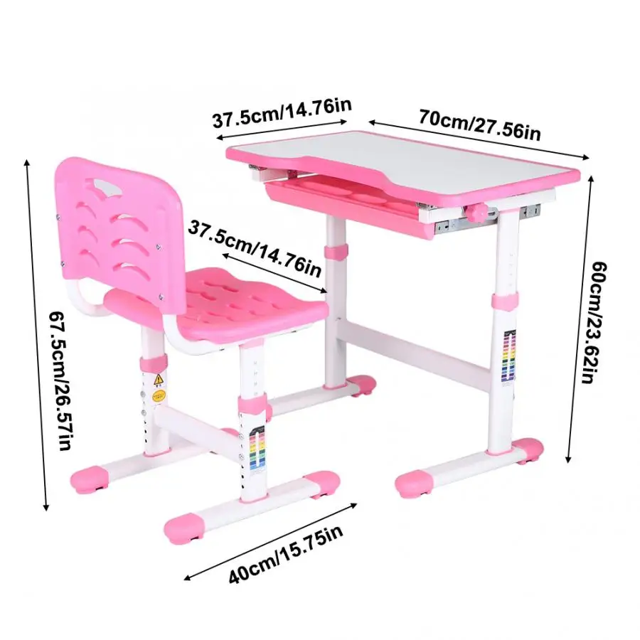 Pink Children Study Desk Chair Set Adjustable Height Rotation Anti