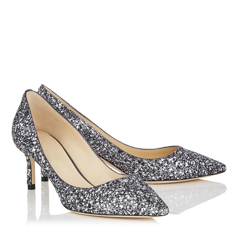 silver glitter mid heels