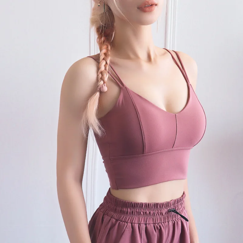 Pink Yoga Bra Сексуальный спортивный бюстгальтер для женщин с перекрестной спинкой, бюстгальтер для йоги с тонким плечевым ремнем, ударопрочный спортивный топ для бега - Цвет: Pink Yoga Bra