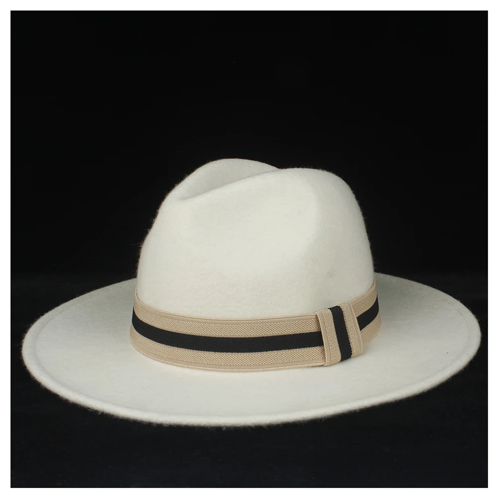 

100% Wool Authentic Women White Fedora Hat Elegant Lady Party Hat Wide Brim Church Hat Fascinator Cap Size 56-58CM