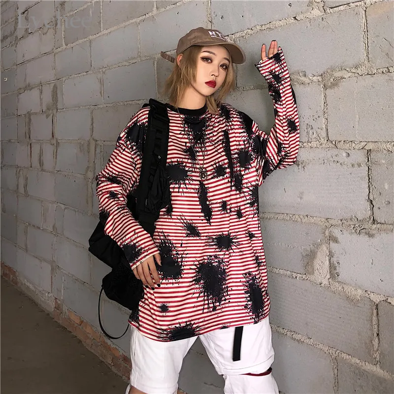 Lychee Harajuku, яркое женское платье в полоску, осенняя футболка, цветные женские футболки с круглым вырезом, свободная женская футболка, футболки
