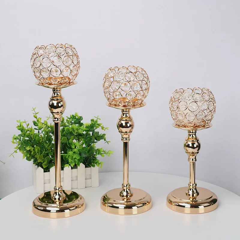 

Golden Plating Crystal Metal Candlestick Hotel Wedding Supplies Romantic Candlelight Dinner Dining Table Candle Holder