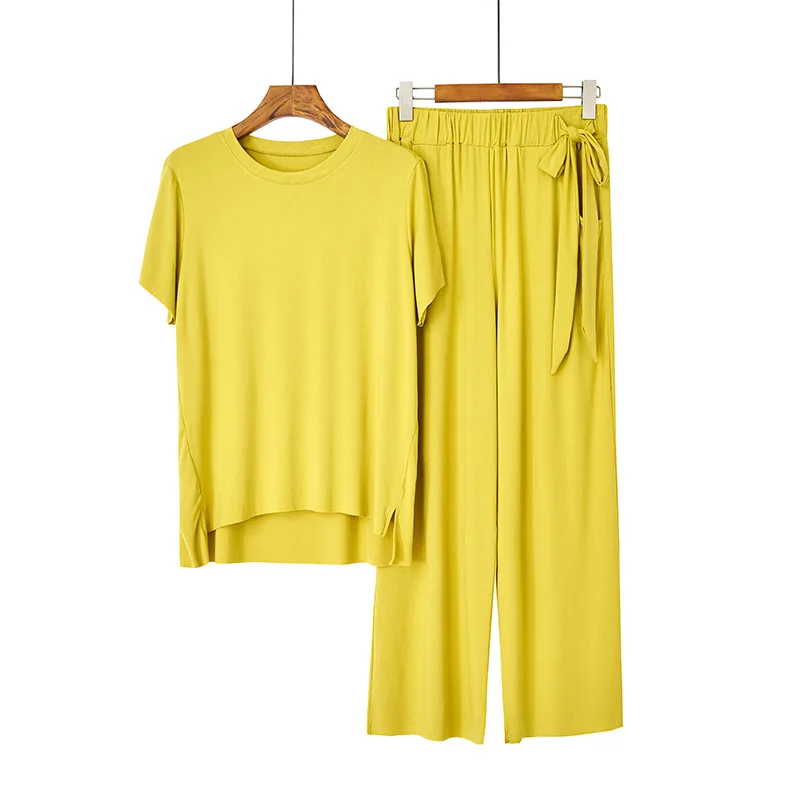 

Женские хлопковые простые брюки с коротким рукавом и круглым вырезом, пижамы для дома и отдыха, комплект неглиже, весна-лето