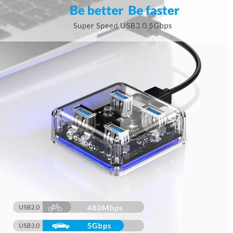 Портативный прозрачный мини-4 порта USB 3,0 концентратор USB3.0 адаптер прозрачный 4 порта с адаптером питания Micro USB
