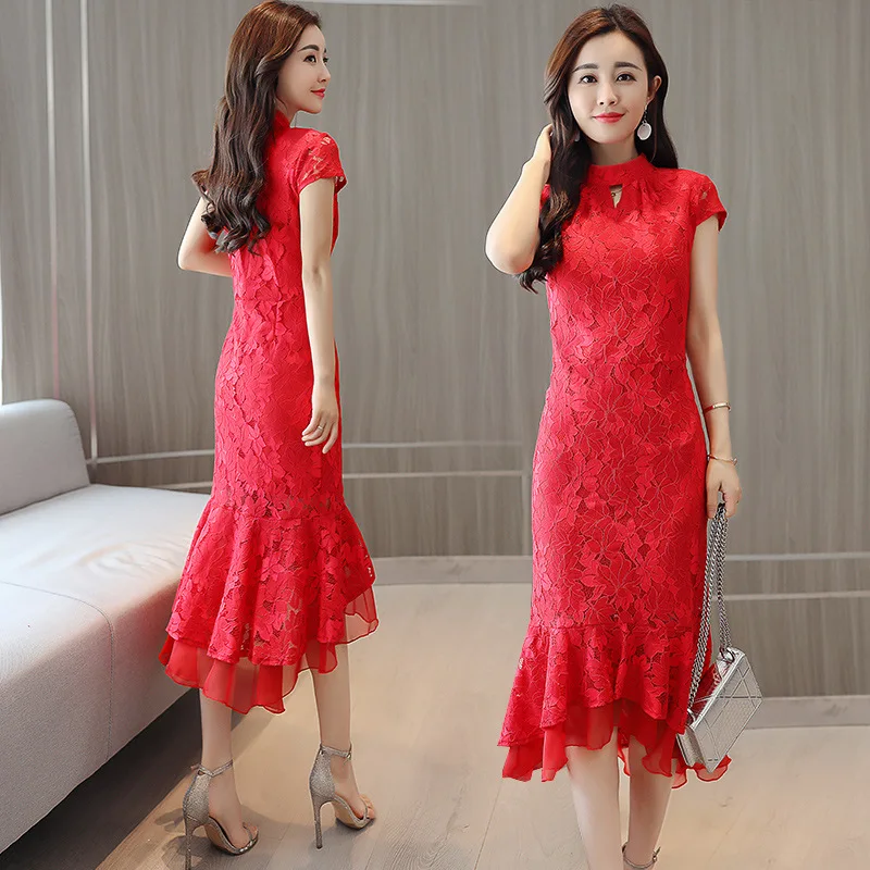 

Summer Cheongsam Women's Improved Mid-length Fishtail Red Lace Dress 2019 New Style Slim Fit Slimming Summer Wear for Women