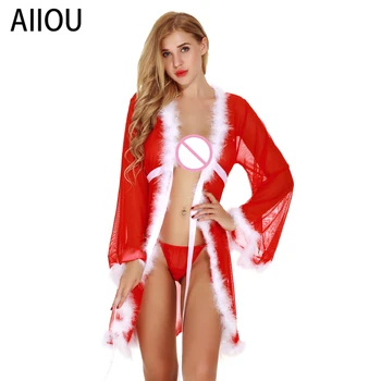 

AIIOU Sexy Christmas Red Babydolls Lace Erotic Lingerie Sleepwear Women See Through Babydolls Dress Lace Robe Dress Nightgown