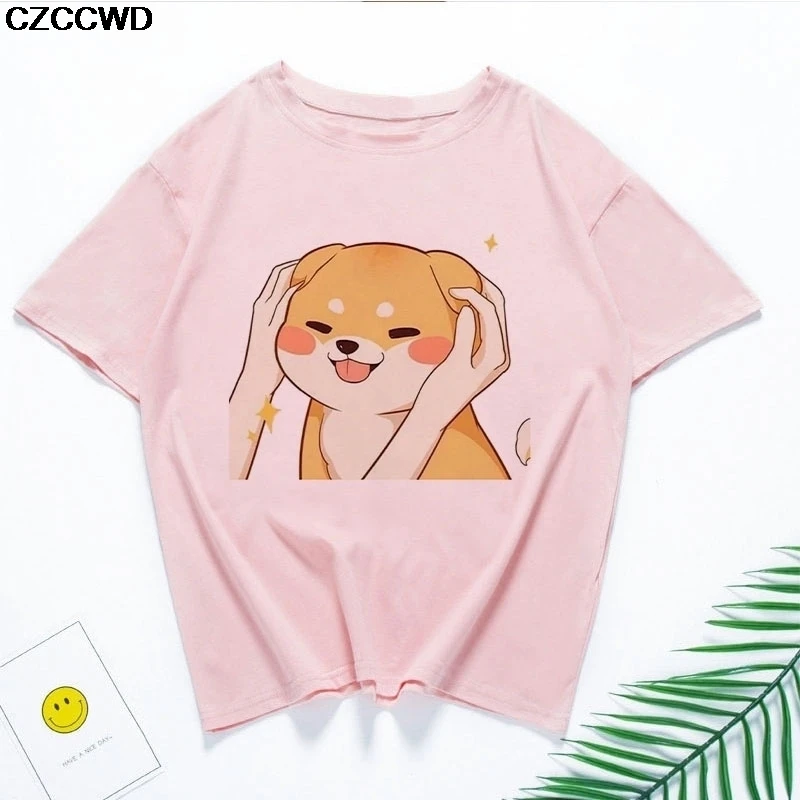 Funny Kawaii Cute Shiba Inu Dog T-shirt Women Gift Print Pink T-shirt Summer Loose Harajuku T Shirt Streetwear Clothes Tops Tees