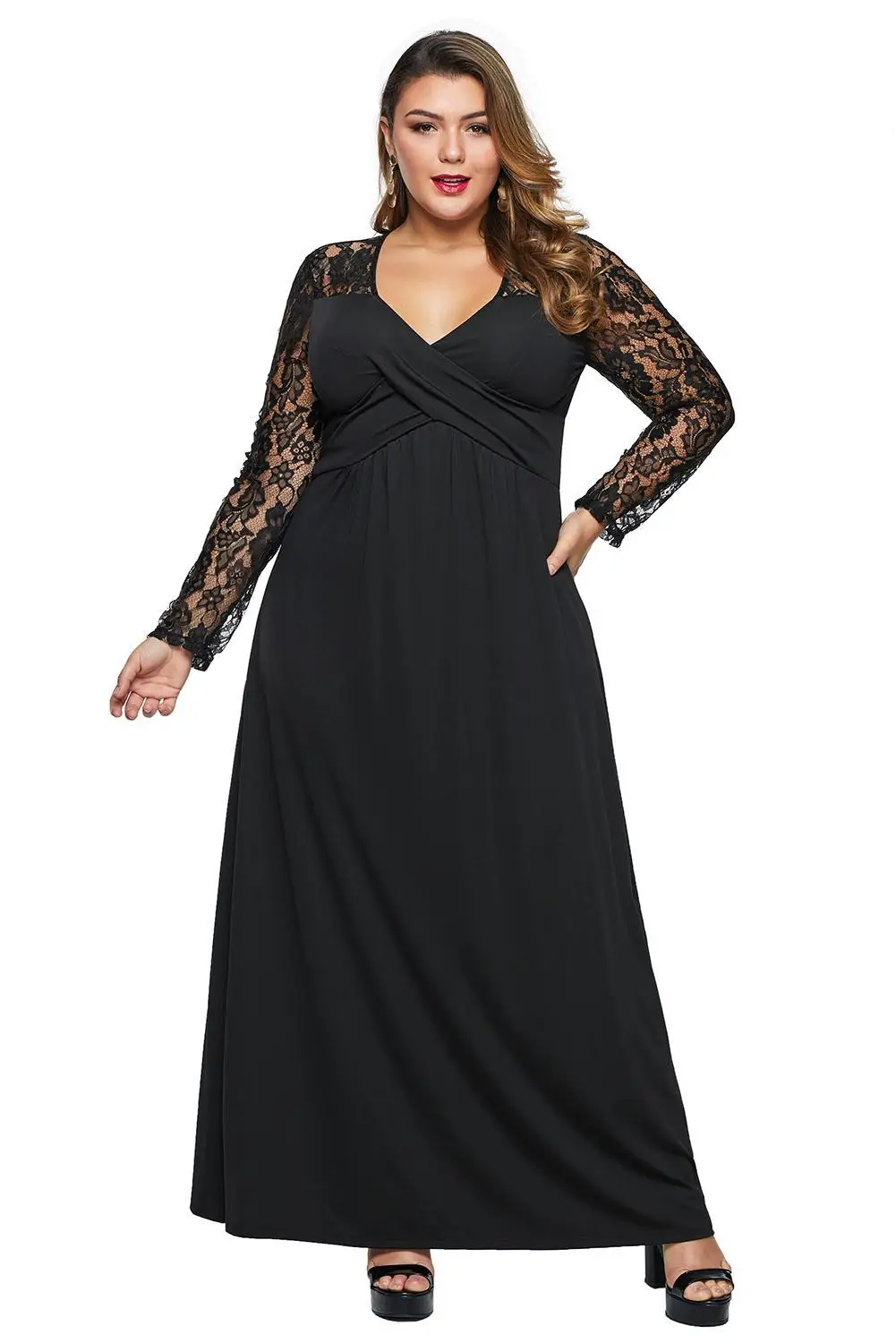 Adogirl, XL-5XL, женское платье, плюс размер, черное, кружевное, рукав, крест, обёрточная бумага, бюст, с рюшами, сзади, макси, для вечеринки, платье, длинное, Vestidos
