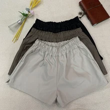 Inglaterra estilo couro do plutônio shorts feminino 2021 primavera outono cintura elástica alta perna larga biker shorts senhoras bolso femme plus size