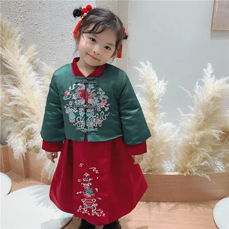 

Baby Girl 2 Piece Tang Sets Embroidery Clothes Kids Photography Clothing Chinese Traditional Long Sleeves Hanfu Dress Costume