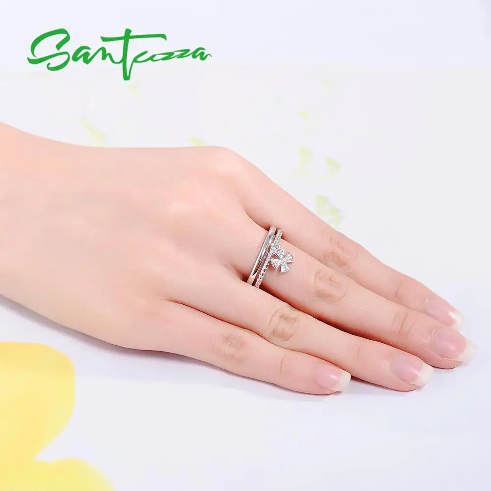SANTUZZA серебряное кольцо для женщин, 925 пробы Серебряное кольцо с крестом, Женское кольцо из розового золота с кубическим цирконием, набор колец, модное ювелирное изделие