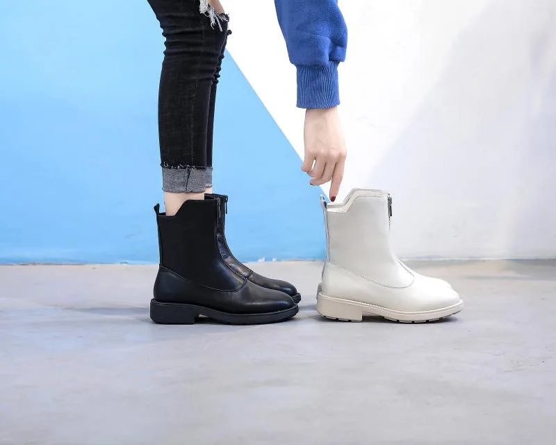 

British Style WOMEN'S Boots Autumn & Winter 2019 New Style Flat Boots Genuine Leather Front Zipper Martin Boots plus Velvet WOME