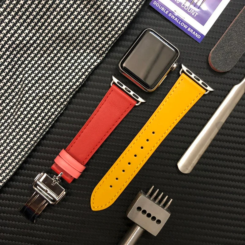 Ремешок из коровьей кожи для Apple Watch band 44 мм iwatch Series 5 4 3 2 1 роскошный стальной