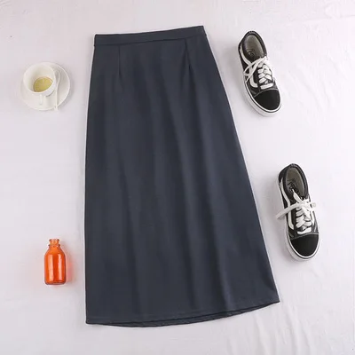 blue black grey coffee elastic flexible high waist midi a line winter skirt for women vintage ladies skirts womens saia saias - Цвет: 1