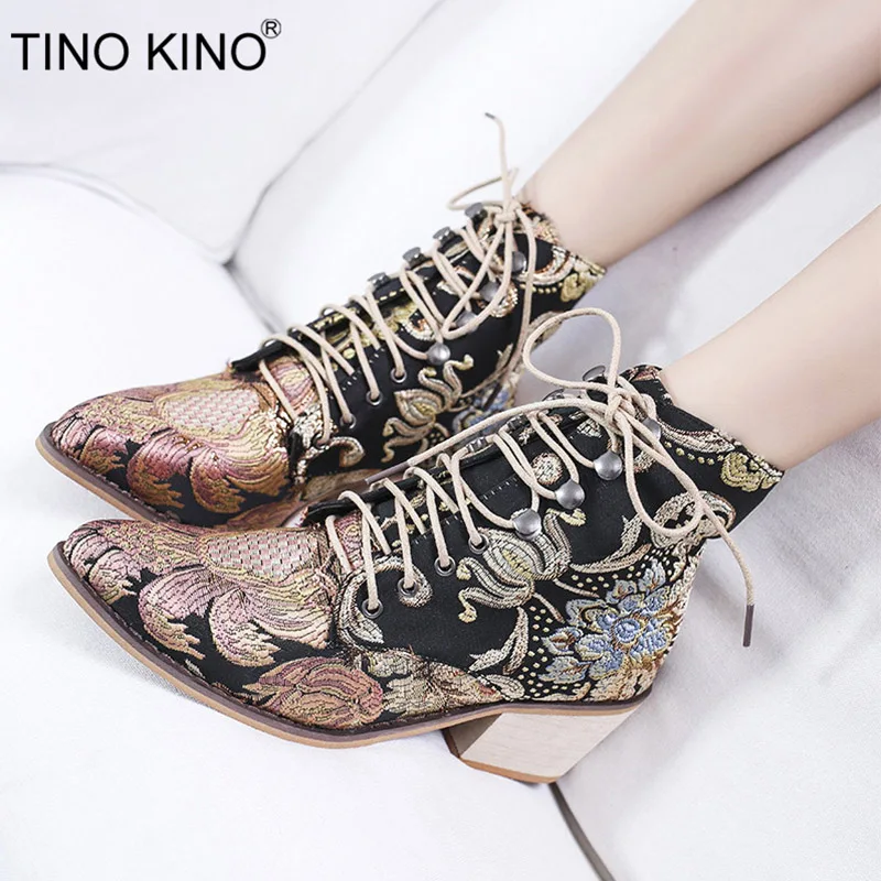 

TINO KINO Women Flower Pointed Toe Autumn Ankle Boots Ladies Ethnic Lace Up Chunky High Heels Plus Size Female Fashion Shoes