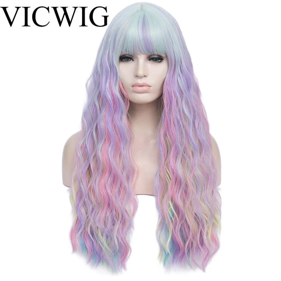VICWIG Long Curly Hair Cosplay Wig Blue Gradient Pink Synthetic Wigs With Bangs for Women Heat-Resistant False Wig