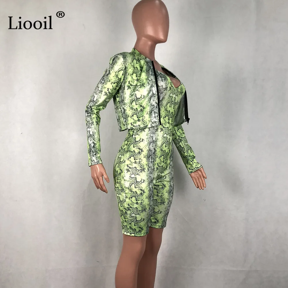 Liooil комплект из двух предметов, спортивный костюм, женские сексуальные Клубные наряды, осень, пальто со змеиным принтом с длинными рукавами и облегающие комбинезоны, комплекты для бегунов