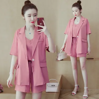

3 Pieces Elegant Women Sets 2020 Summer Fashion Women Short Sleeve Blazers and Tank Tops Short Sets OL Women Short Suits WS208