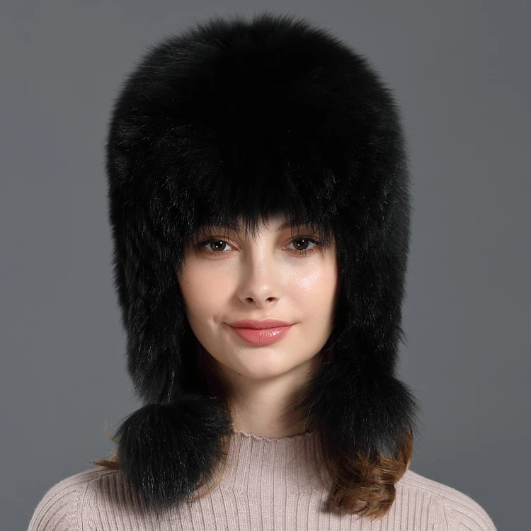 Зимняя женская шапка, новинка, натуральный Лисий мех, шапки-бомберы, русские ушанки, натуральный мех енота, шапки для женщин - Цвет: Черный