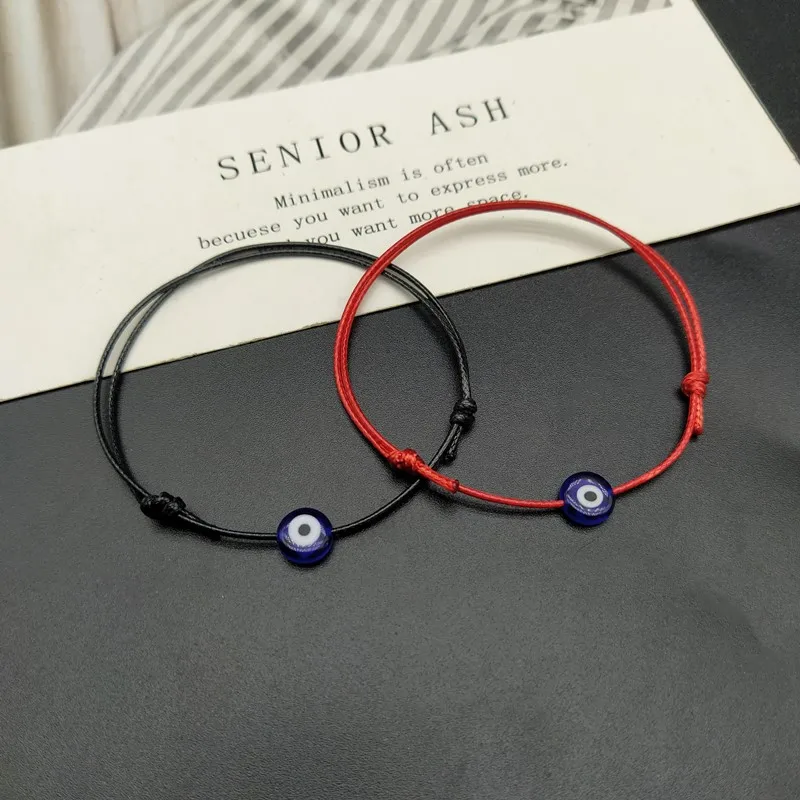 Pulsera de la suerte tejida para hombre y mujer, pulseras de hilo rojo con diseño de ojo malvado, color azul plano, ajustable, color negro de la suerte, 2 uds.
