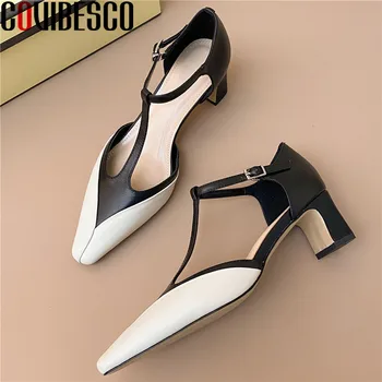 

COVIBESCO Women Mixed Colors Vintage Pointed Toe Genuine Leather Thick Heel Party Shoes Wild Sandals Thick Heels Shoes Woman