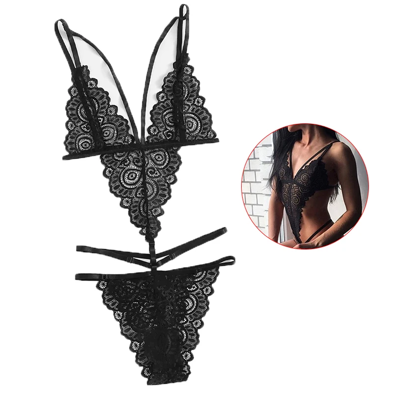 Women Sexy Deep V Neck Lace Lingerie Sleepwear Dress Underwear Babydoll Nightgown Black Nightdress Chemise