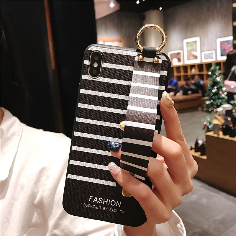 3 SoCouple Wrist Strap Phone Cases For iPhone Xs max For iPhone 7 8 6 6s Plus X XS XR Relief Stripe Pattern Soft TPU Back Cover